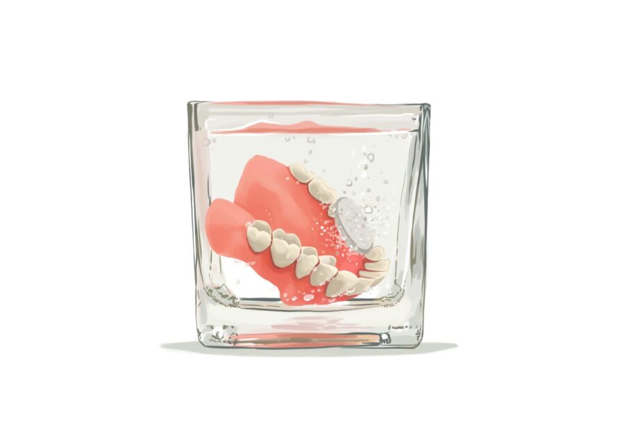 dentures soaking in a glass of water, denture care